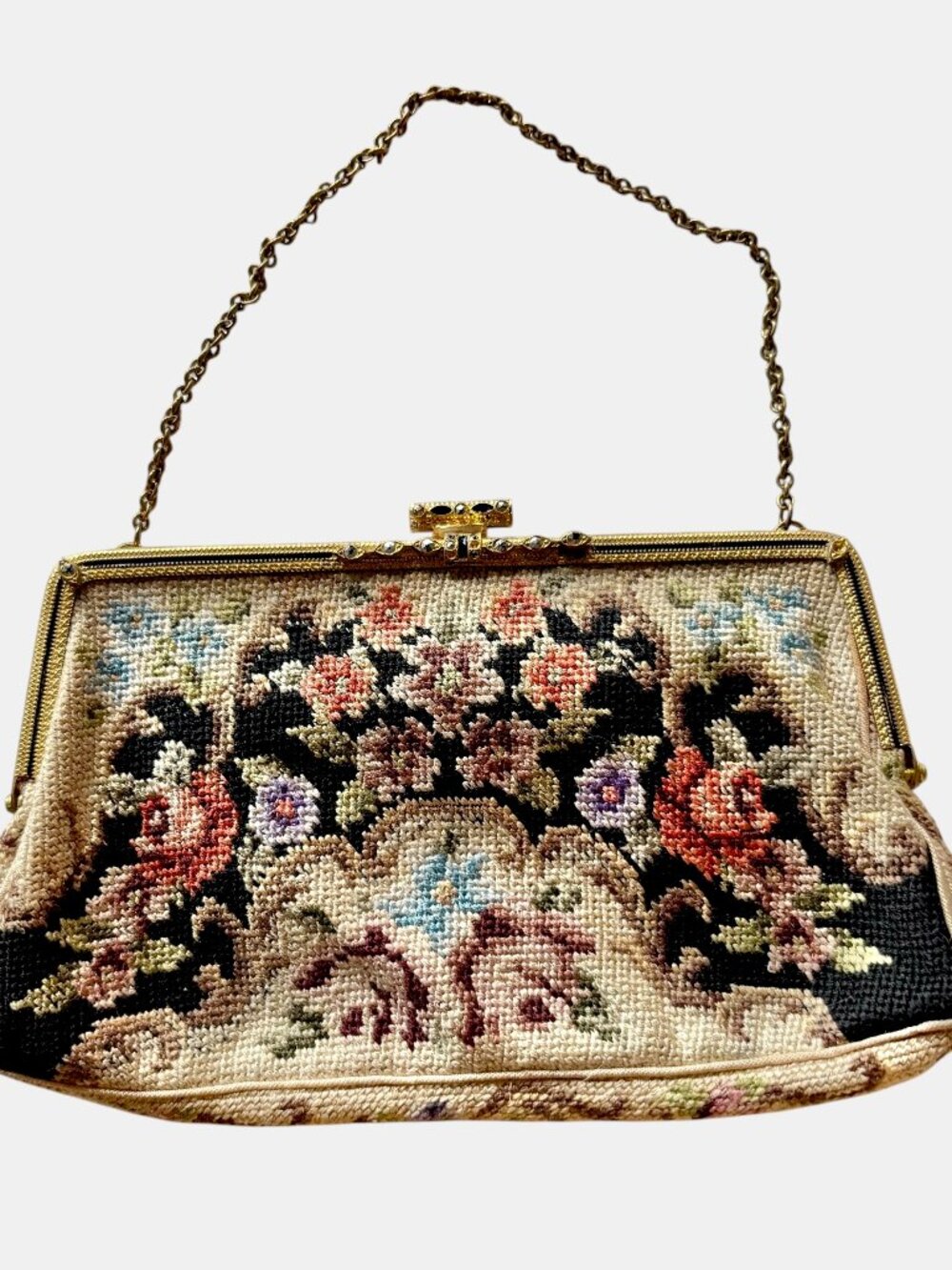 Vintage Floral Tapestry Needlepoint Evening Bag Made in Czechoslovakia